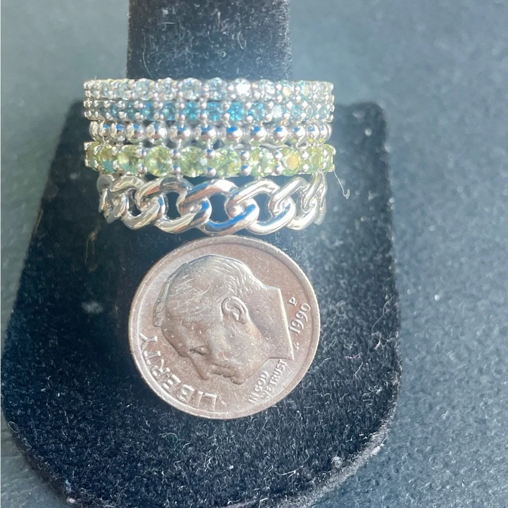 Gems En Vogue - Sterling Silver Gemstone & Curb Link Four-Row Wide Band Ring. 8. - Picture 6 of 6